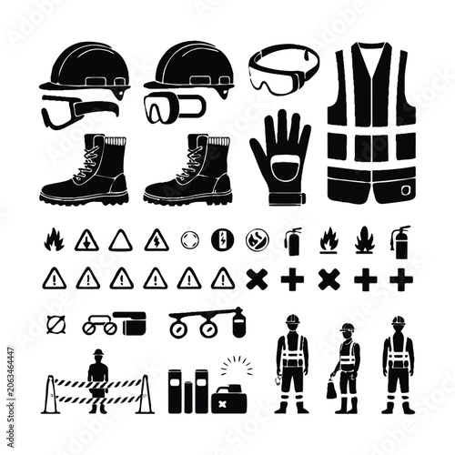 Black silhouette icons of construction safety gear and warning signs safety helmet hard hat