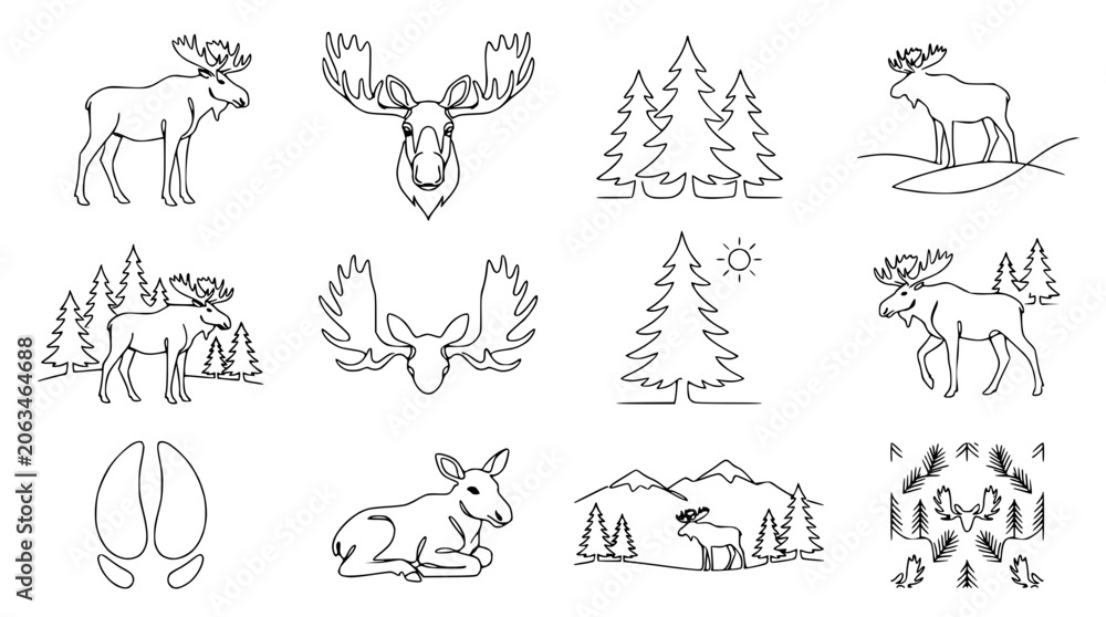 Fototapeta premium Moose and Forest Icons Collection: Line Art Wildlife, Nature, and Animal Illustrations