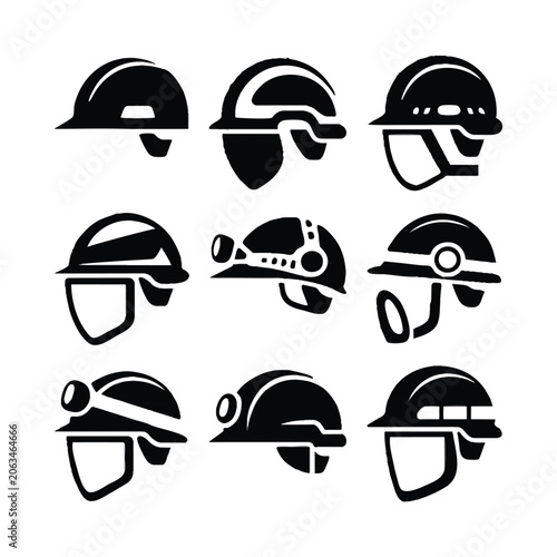 Black silhouette icons of various industrial and construction hard hats Keywords: hard hat