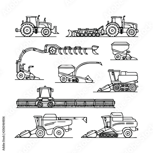 Outline illustration of various agricultural machinery and tractors farm equipment combine harvester