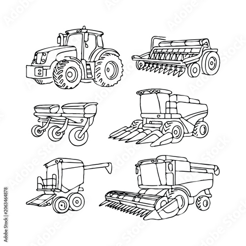 Hand-drawn sketch of agricultural machinery and tractors farm equipment combine harvester