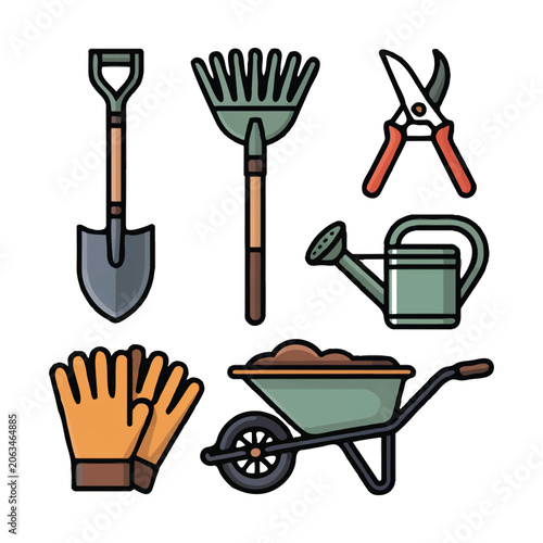 Set of six gardening tools and accessories on a white background garden equipment shovel