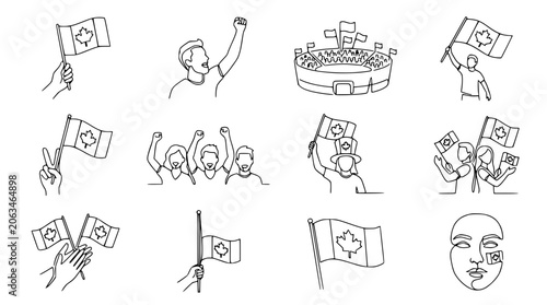 Foto Canadian Fanaticism: Line Art Celebration with Maple Leaf Flags and Stadium Crow