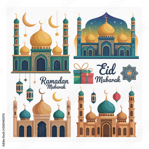 Ramadan and Eid Mubarak decorative elements with mosques and lanterns Ramadan Mubarak