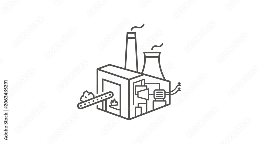 Fototapeta premium Waste to energy industrial recycling plant line icon.