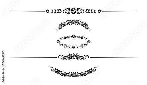 Cuadro en lienzo Set of black and white rose floral dividers and frames