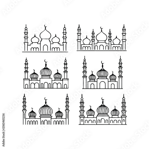 Outline illustrations of Islamic mosques with domes and minarets Islamic architecture