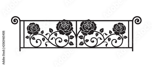 Φωτογραφία Black silhouette ornate garden fence with rose flowers
