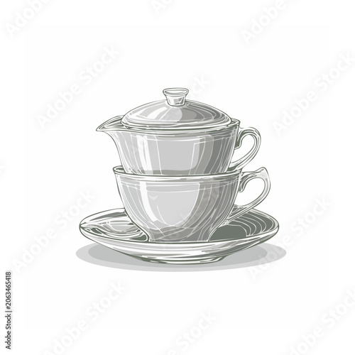 Line art illustration of teapot and cup set