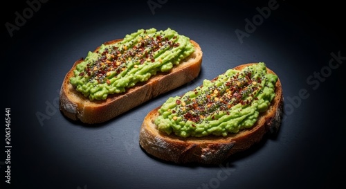 Slices of toasted artisan bread topped with creamy mashed avocado, red pepper flakes, and seeds, set against a dark and moody background, moody, contrast, still life