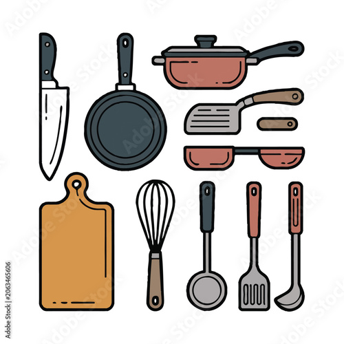 Set Of Kitchen Utensils And Cooking Tools On White Background Keywords: kitchen, utensil