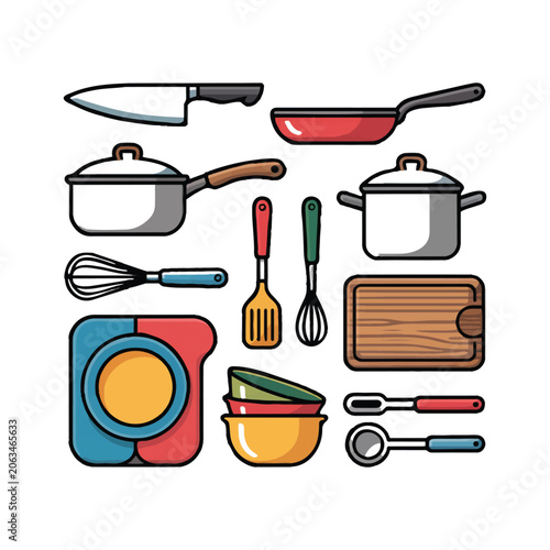 Assorted Kitchenware And Cooking Utensils In Flat Design Keywords: kitchen, utensil, cooking
