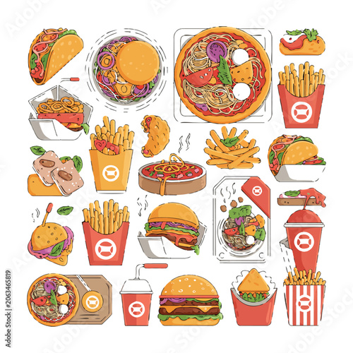 Assortment of delicious fast food illustrations for menus and advertising Keywords: fast food