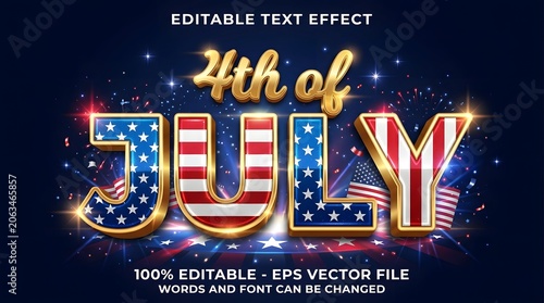4th of july editable text effect with american flag pattern and golden 3d style for independence day celebration graphic design vector illustration