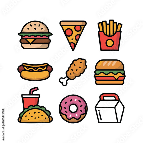 Simple flat design icons of common fast food and dessert items Keywords: fast food, food icons