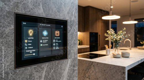 Modern home automation control panel with smart lighting ventilation and appliance settings in kitchen