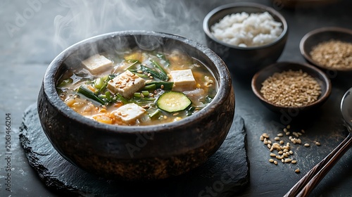 A harmonious set of a steaming bowl of white rice and a rustic earthen bowl of doenjang-guk, fermented soybean paste soup with tofu, zucchini, and green onion 