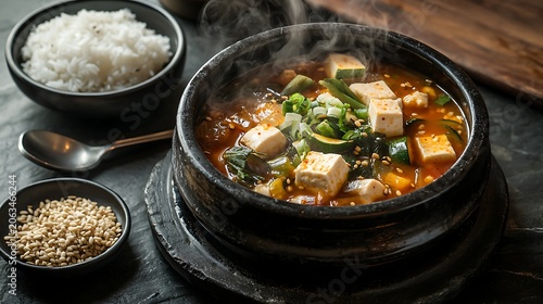 A harmonious set of a steaming bowl of white rice and a rustic earthen bowl of doenjang-guk, fermented soybean paste soup with tofu, zucchini, and green onion 