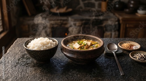 A harmonious set of a steaming bowl of white rice and a rustic earthen bowl of doenjang-guk, fermented soybean paste soup with tofu, zucchini, and green onion 