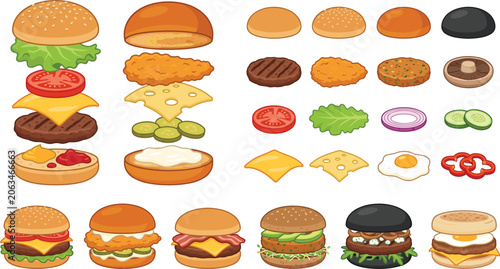 Bild auf Leinwand Burger creation kit illustration set featuring exploded views building layers in