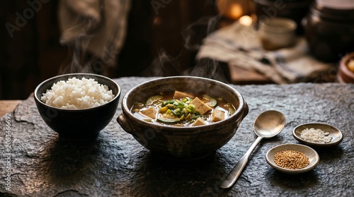 A harmonious set of a steaming bowl of white rice and a rustic earthen bowl of doenjang-guk, fermented soybean paste soup with tofu, zucchini, and green onion 