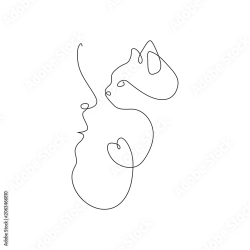 The cat lovingly looks at the person one line art illustration.