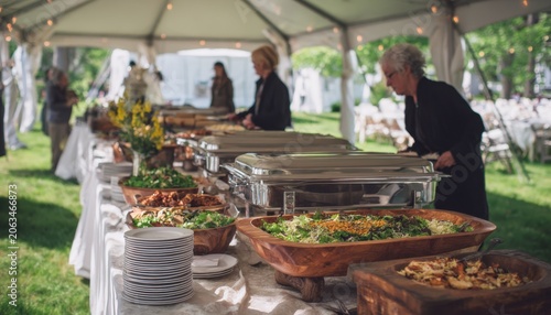 Outdoor buffet serving various dishes under a tent