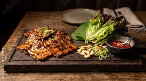 A dark oak wooden board featuring thin slices of caramelized, slightly smoky marinated grilled beef bulgogi
