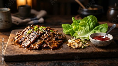 A dark oak wooden board featuring thin slices of caramelized, slightly smoky marinated grilled beef bulgogi