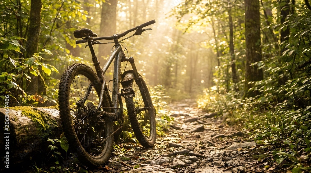 Fototapeta premium Muddy Mountain Bike Leaning on Forest Trail During Golden Hour