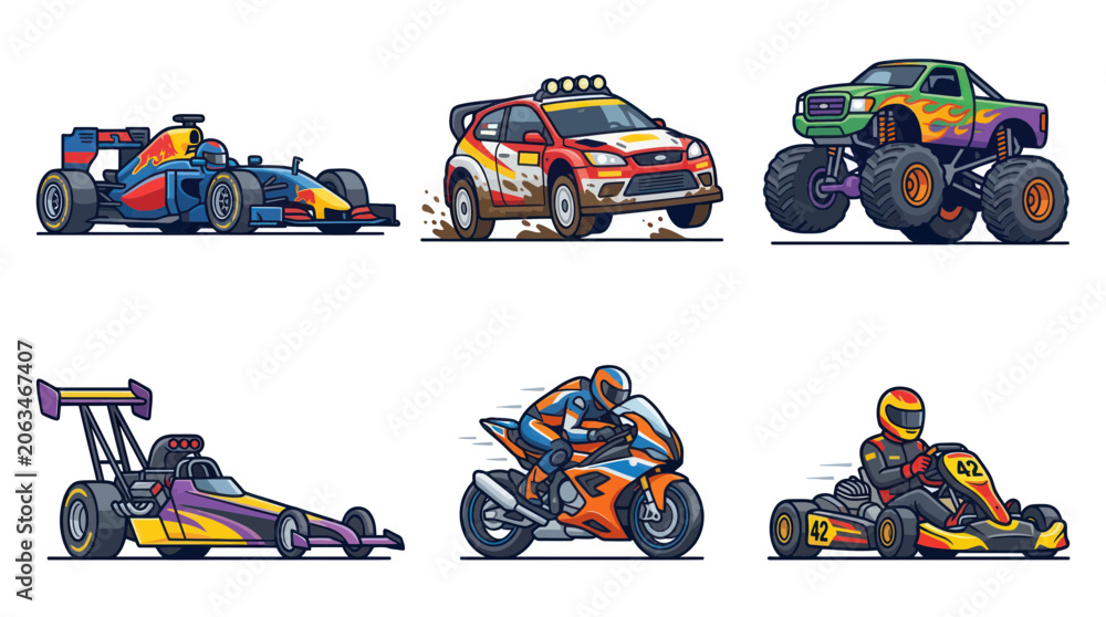 Naklejka premium Diverse Racing Vehicles Collection: Formula 1, Rally Car, Monster Truck, Dragster, Motorcycle, Go-Kart