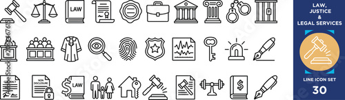 Law, justice and legal services line icon set. collection of linear pictograms for law.