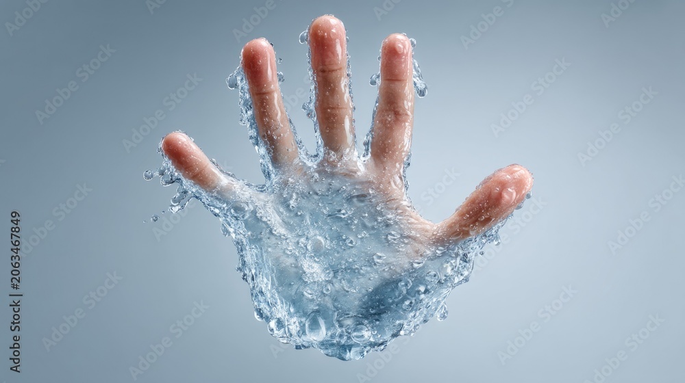 Fototapeta premium Hand Emerging from Water with Dynamic Droplets in a Soft Focus Background for Creative Visuals and Designs
