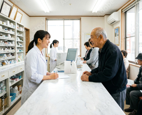 調剤薬局の薬剤師と高齢男性