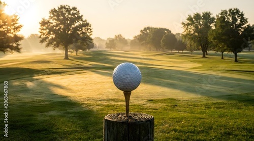 Golf Ball on Tee in Morning Golf Course
