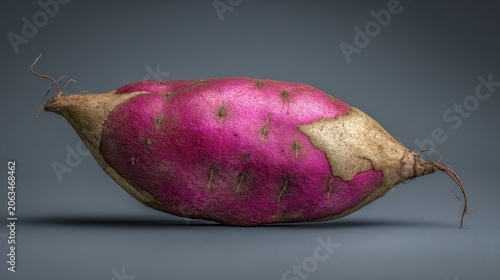 Close-up of a single, vibrant purple sweet potato.  Its elongated shape, with a slightly rough, mottled skin,  and a visible stem, is presented against a muted gray background