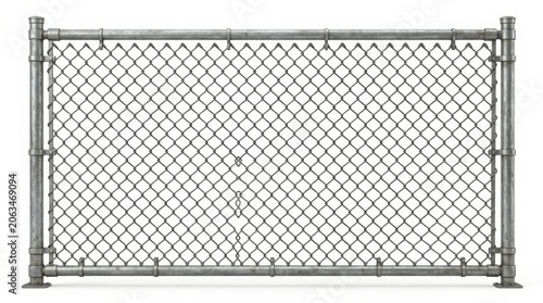 A sturdy metal chain link fence panel isolated against a plain white background with security protection industrial boundary property perimeter construction geometric isolated