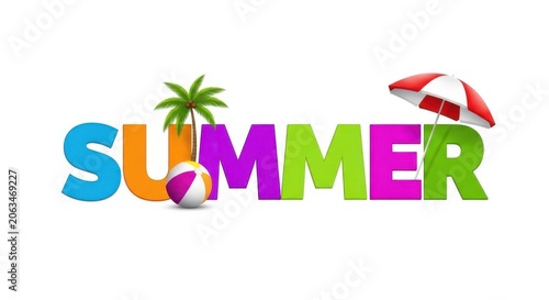 Colorful 3d summer text with palm tree, beach ball and umbrella isolated on white background