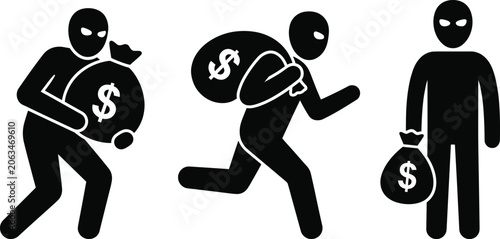 Vászonkép Black silhouette illustration of masked thieves holding and running with money b