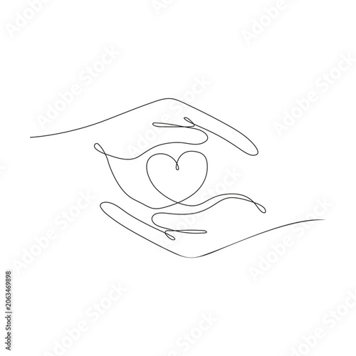 Hands holding heart continuous one line art drawing vector illustration.