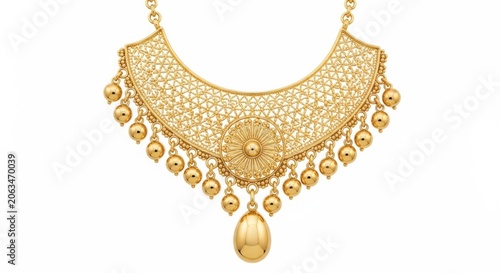 Elegant gold necklace with intricate filigree pattern and hanging beads isolated on white background