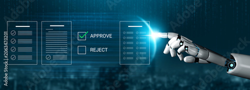 Tableau sur toile A robotic hand reaches out to interact with a digital approval and rejection system, symbolizing the role of technology in modern decision-making and business processes