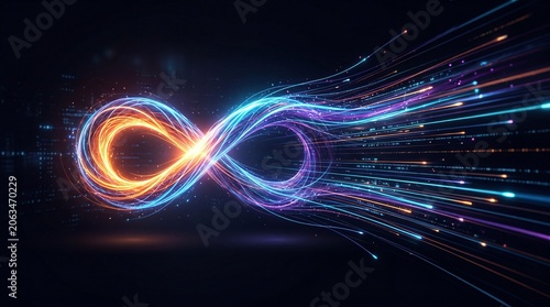Abstract infinity symbol formed by glowing neon light trails emitting data streams and digital energy waves on a dark background for modern tech concepts