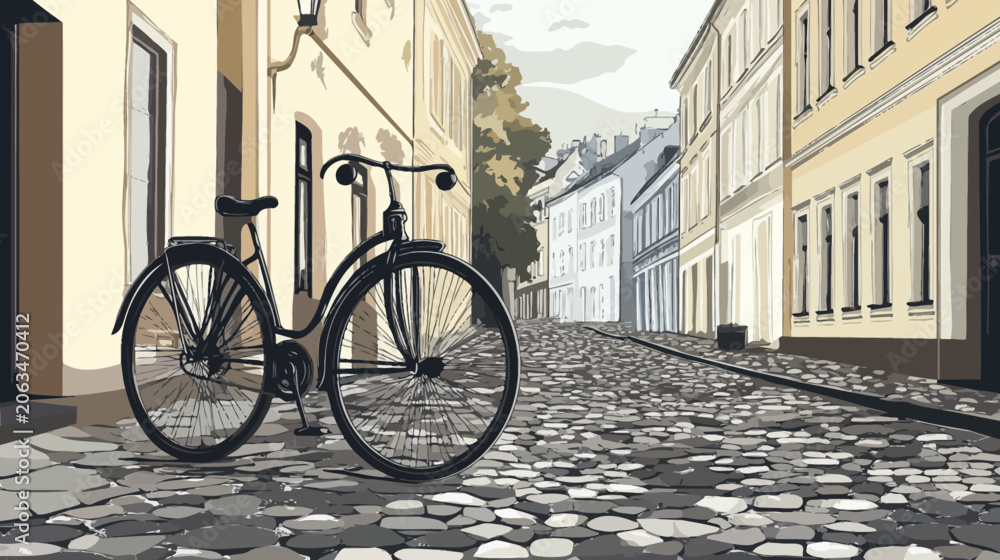 Fototapeta premium A vintage bicycle rests on a cobblestone street between sunlit pastel buildings!