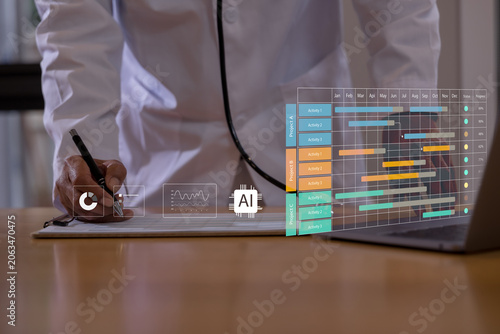Healthcare professional using AI-powered project management dashboard analytics interface for medical planning, workflow optimization, performance tracking, resource allocation data-driven healthcare 