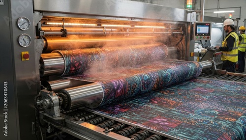 Digital print fixation oven processing yardage with disperse inks highlighting the steaming and controlled heat environment for flawless sublimation on synthetic textiles.
