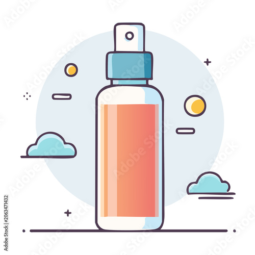 Flat design spray bottle icon with mist and clouds