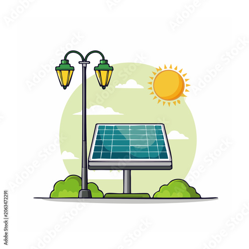 Solar panel with sun and grass vector illustration