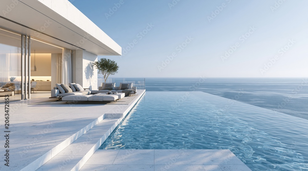 Obraz premium Modern luxury infinity pool overlooking calm ocean sea view