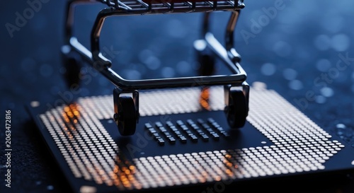 Miniature Shopping Cart on Computer Chip.